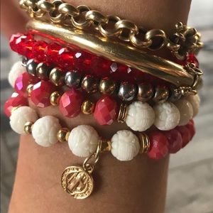 Red and white beaded bracelet set